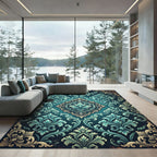 Ornate Teal Damask Floral Filigree Rug
