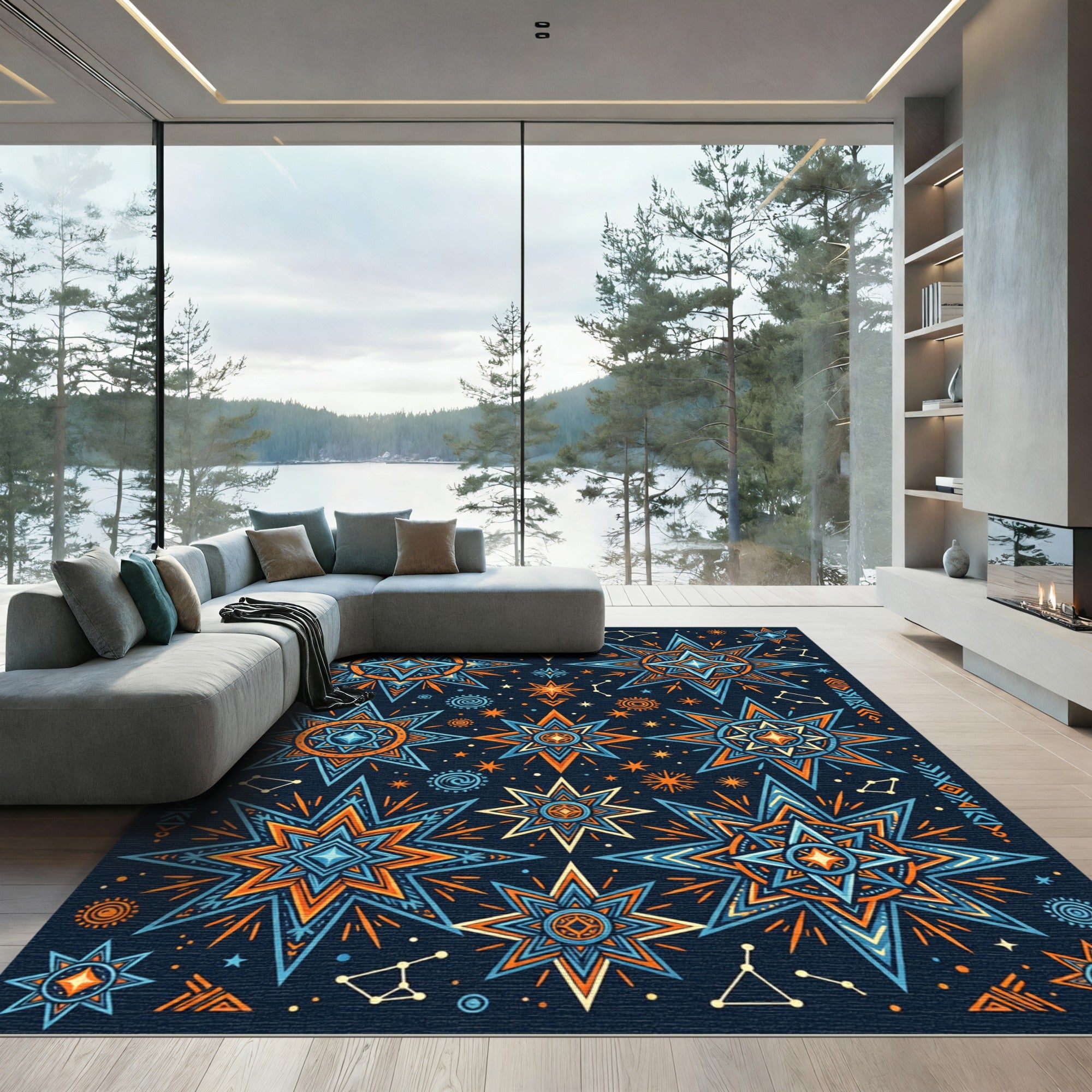Celestial Starburst Orange Blue Medallion Rug