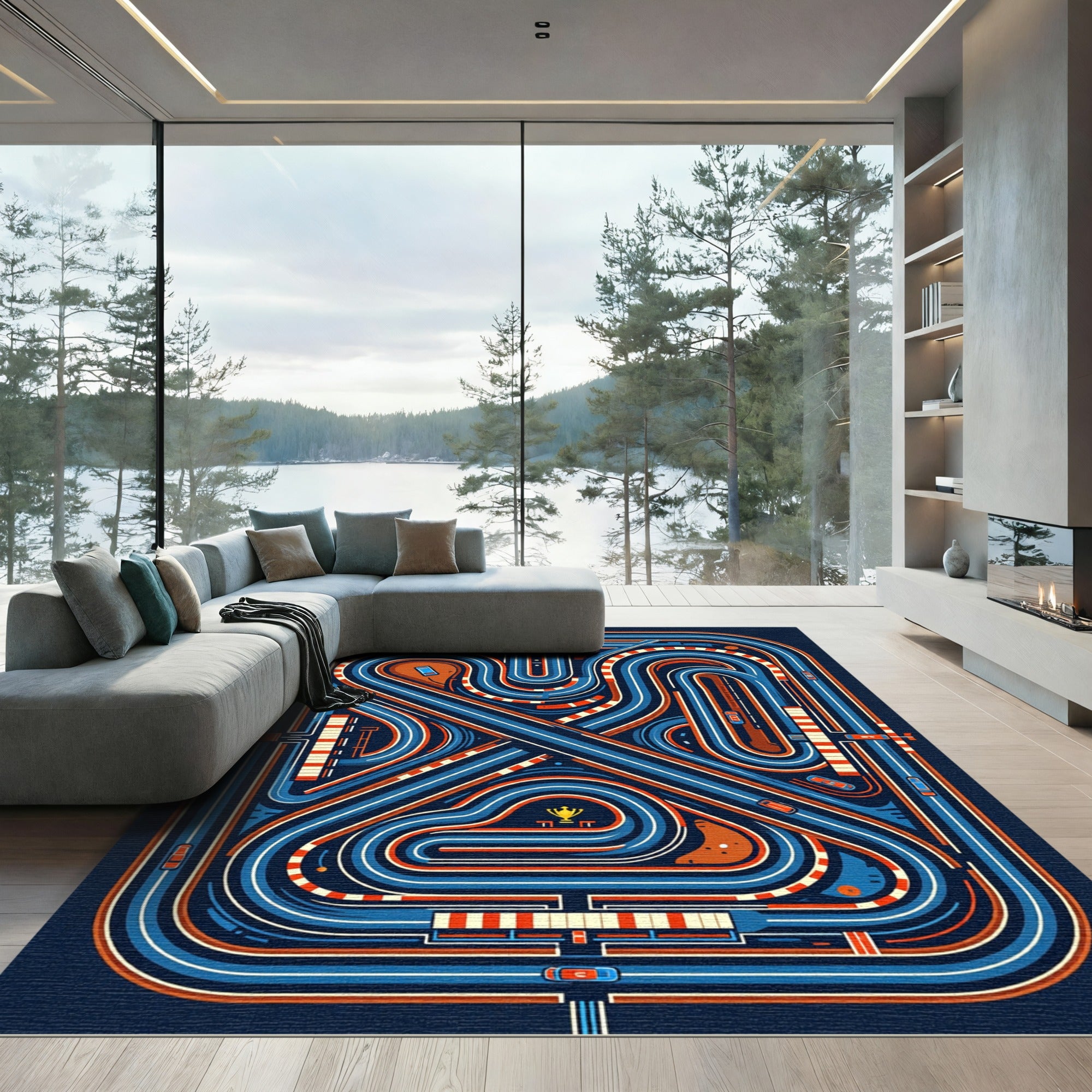 Mid-Century Abstract Racing Track Illustration Rug