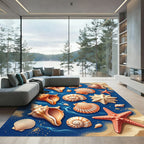 Coastal Seashells on Deep Ocean Blue Rug
