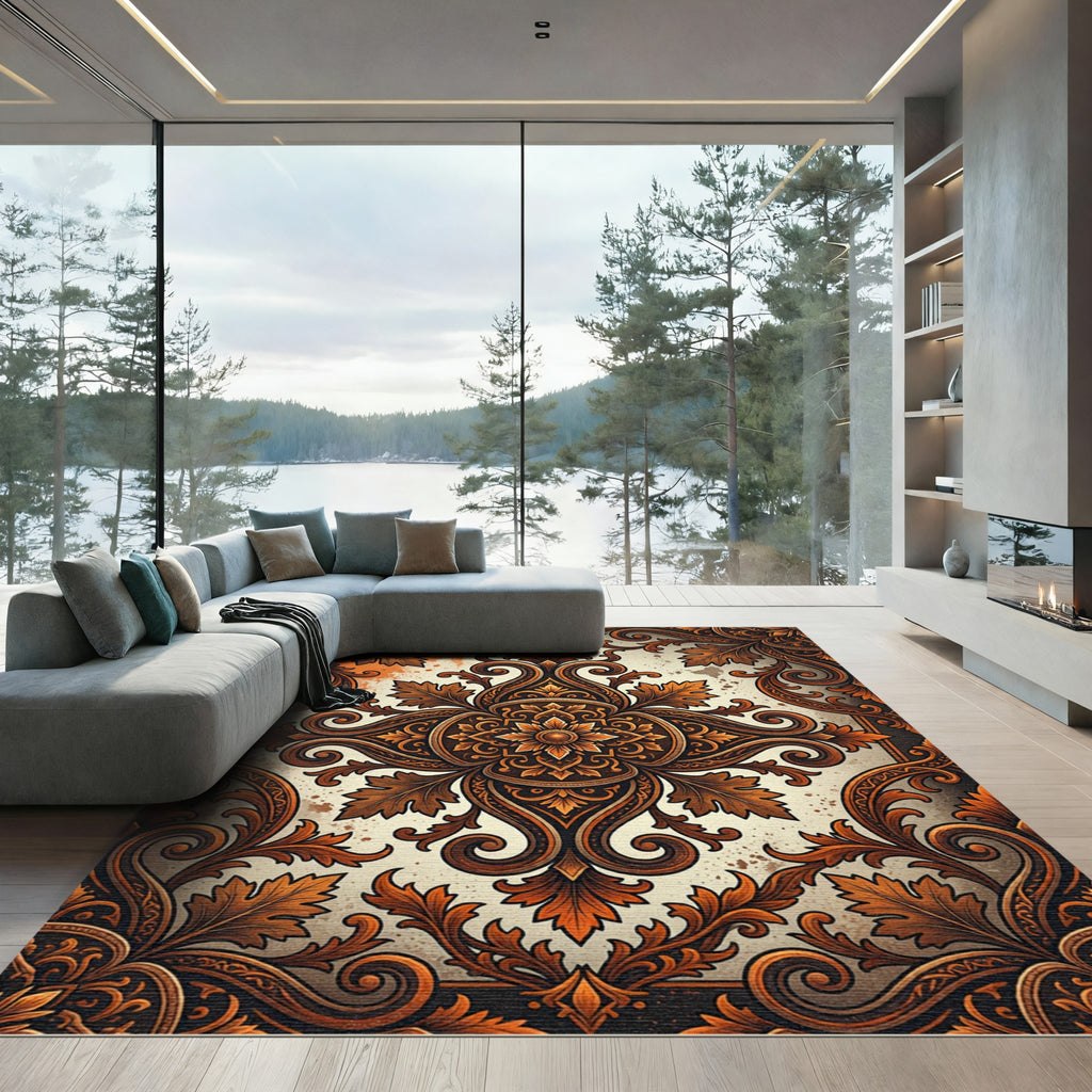 Ornate Copper Foliage Scroll Medallion Rug