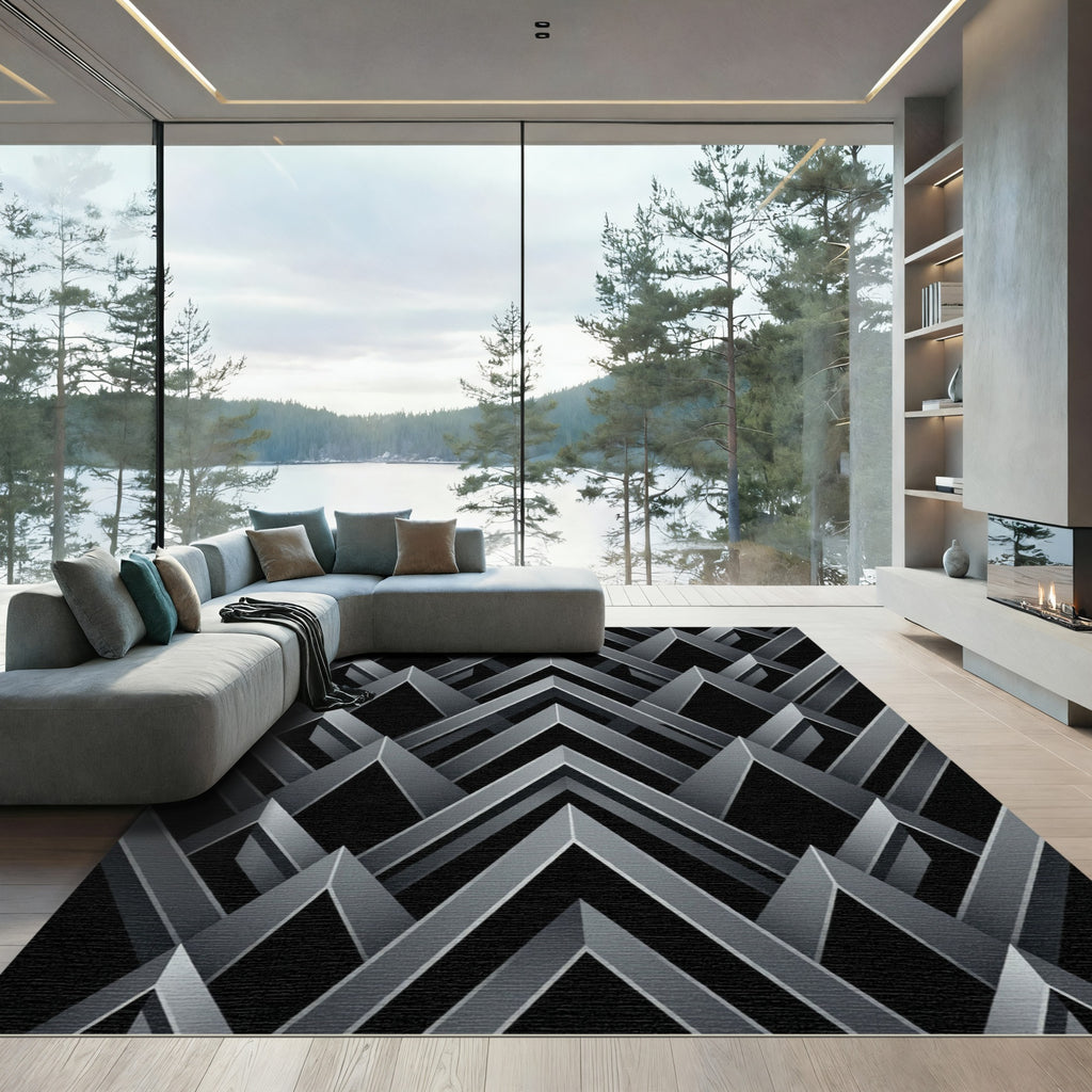 Sophisticated Monochrome Geometric Chevron Rug