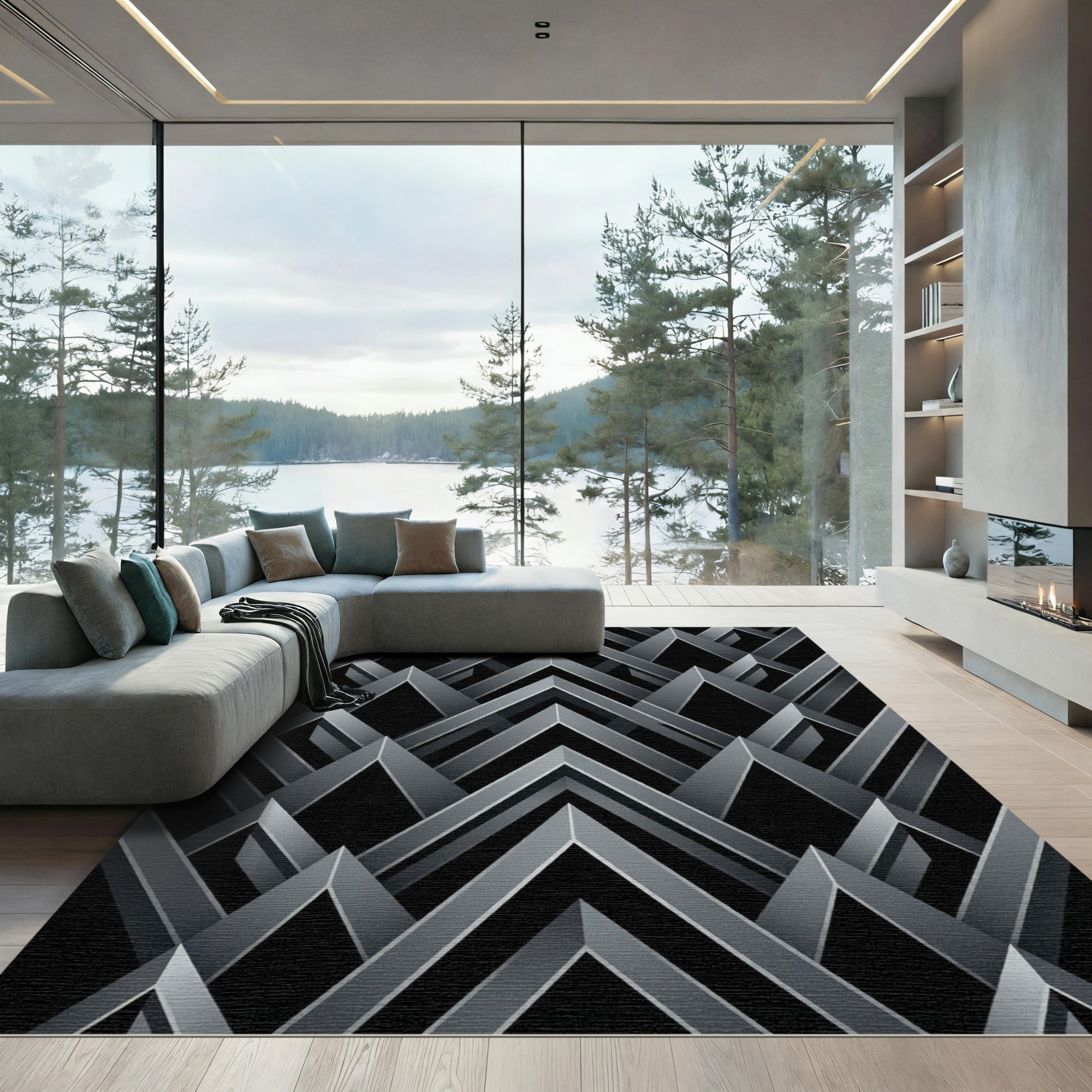 Sophisticated Monochrome Geometric Chevron Rug