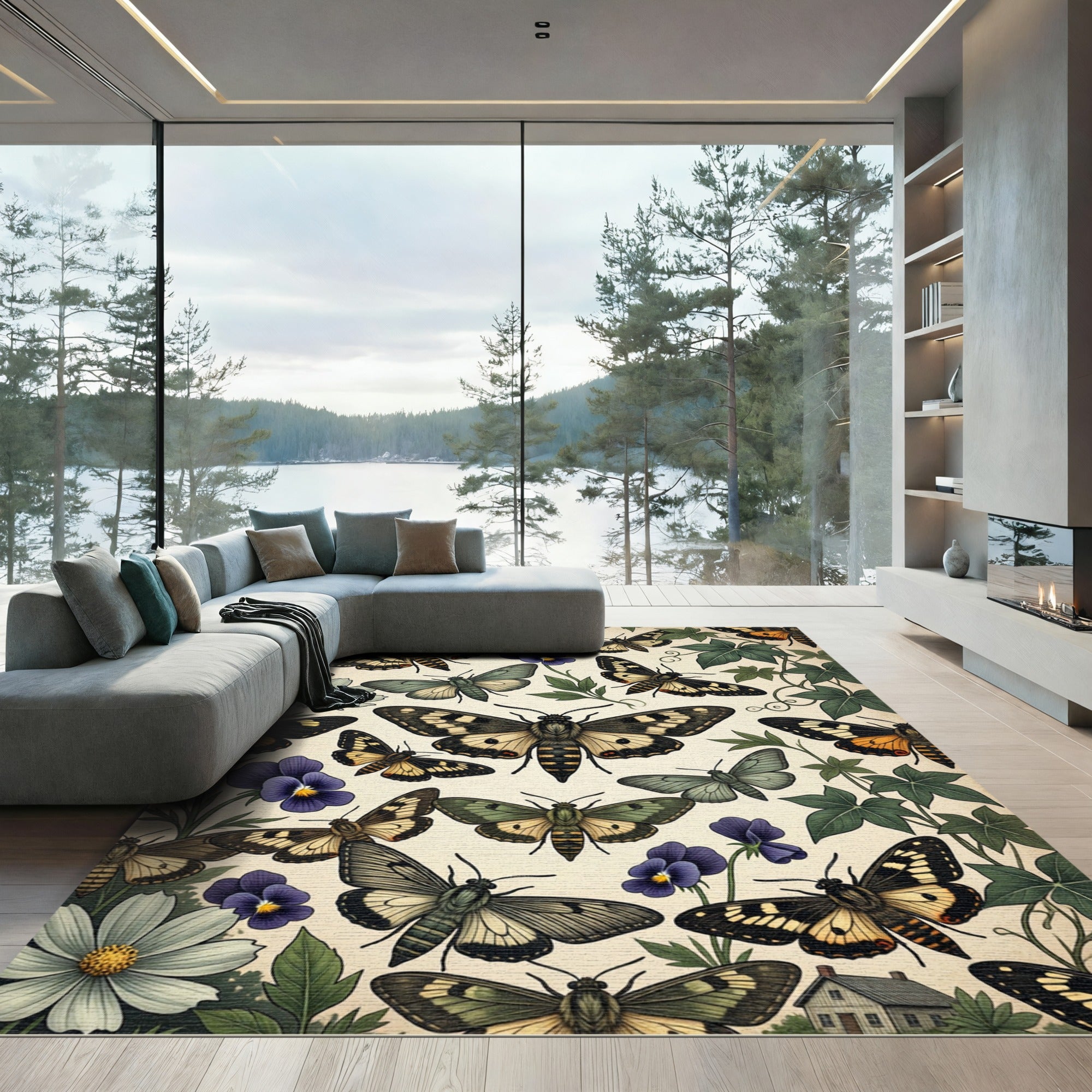 Whimsical Entomological Butterfly Garden Meadow Rug