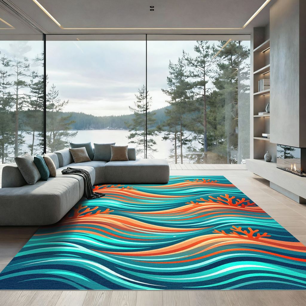 Vibrant Coral Reef Wavy Ocean Waves Rug
