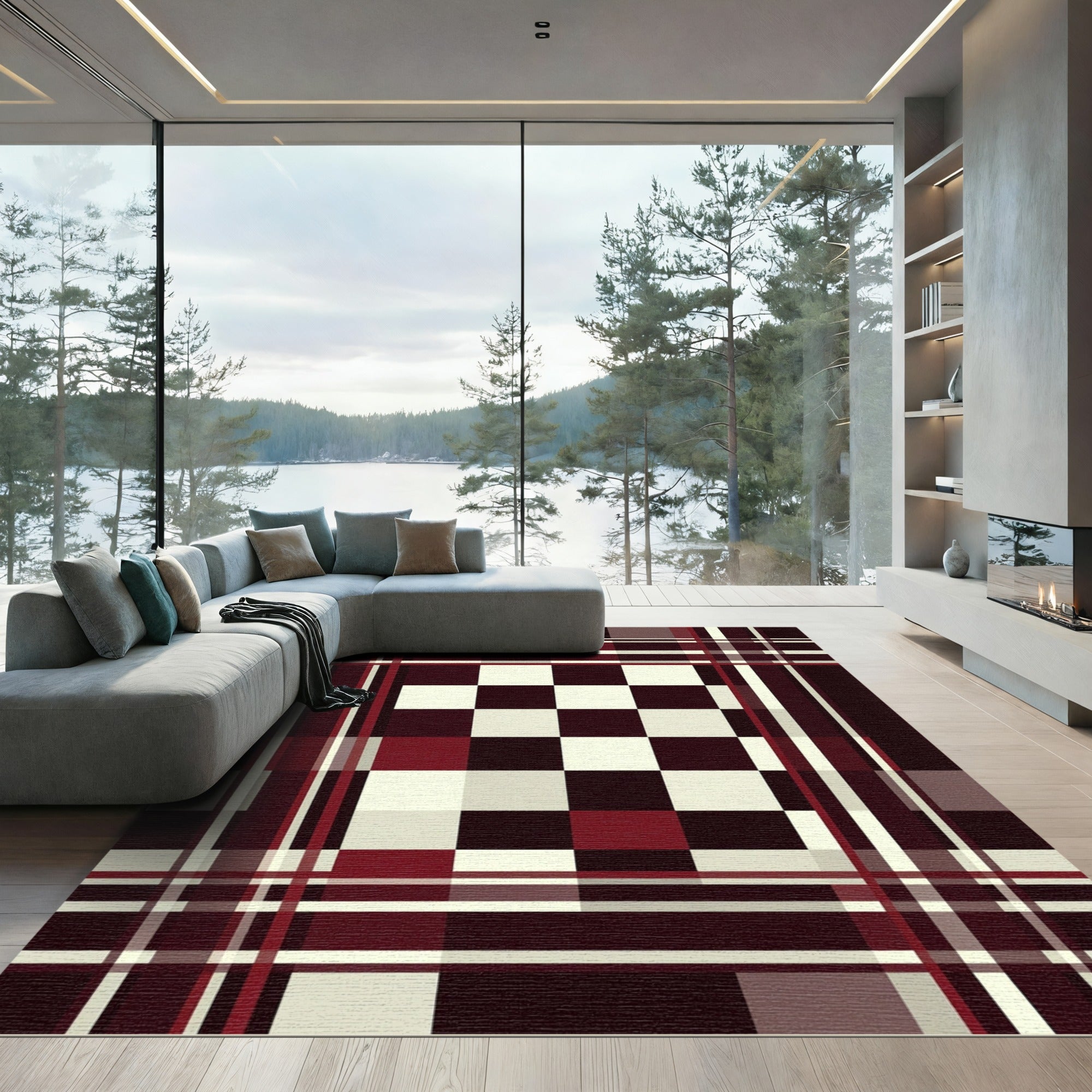 Deep Red White Plaid Checkerboard Rug