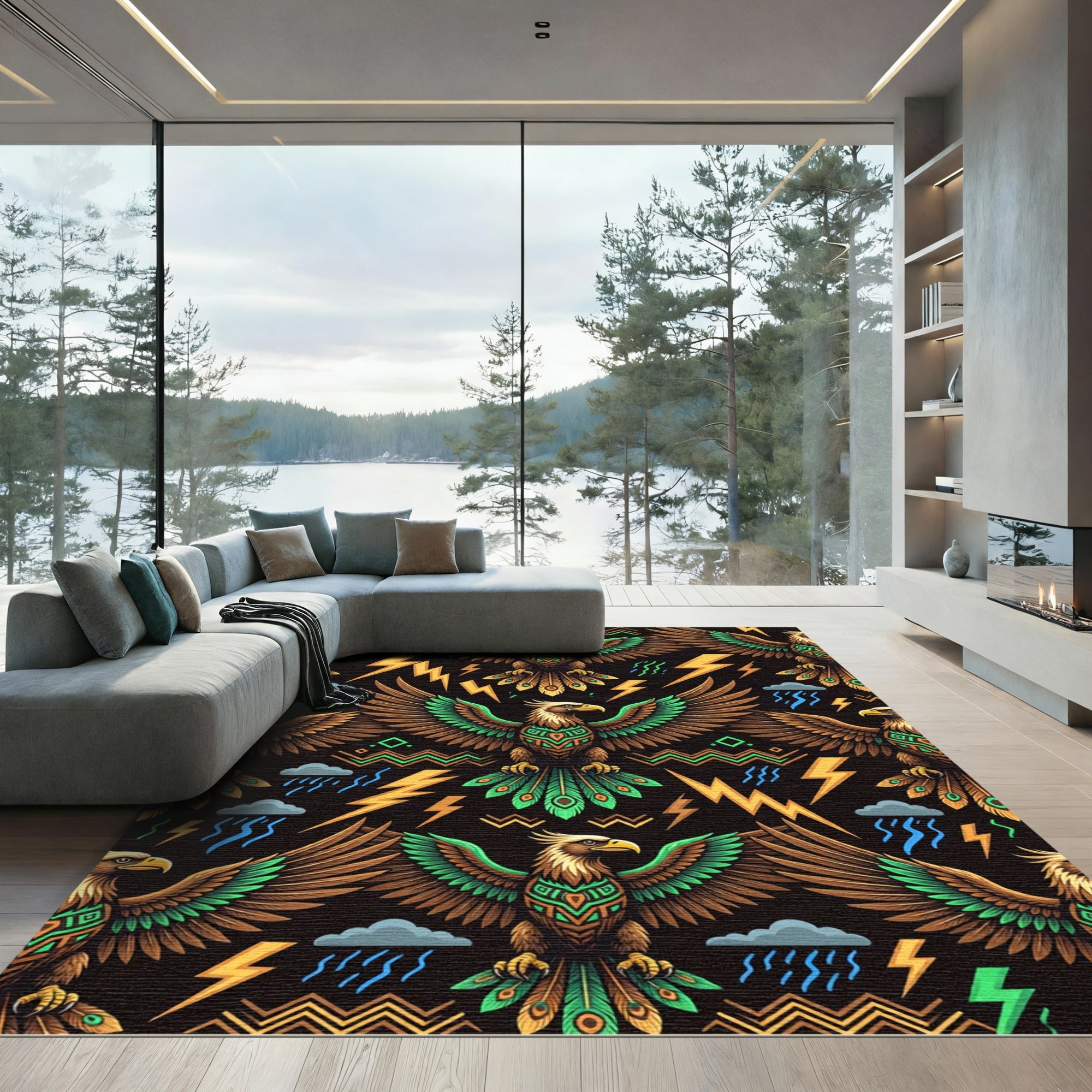 Tribal Thunder Eagle Lightning Geometric Rug