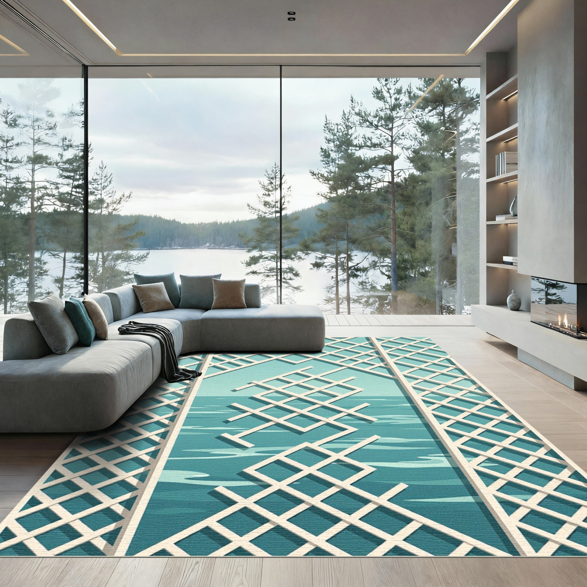 Teal Lattice Geometric Aqua Vista Rug