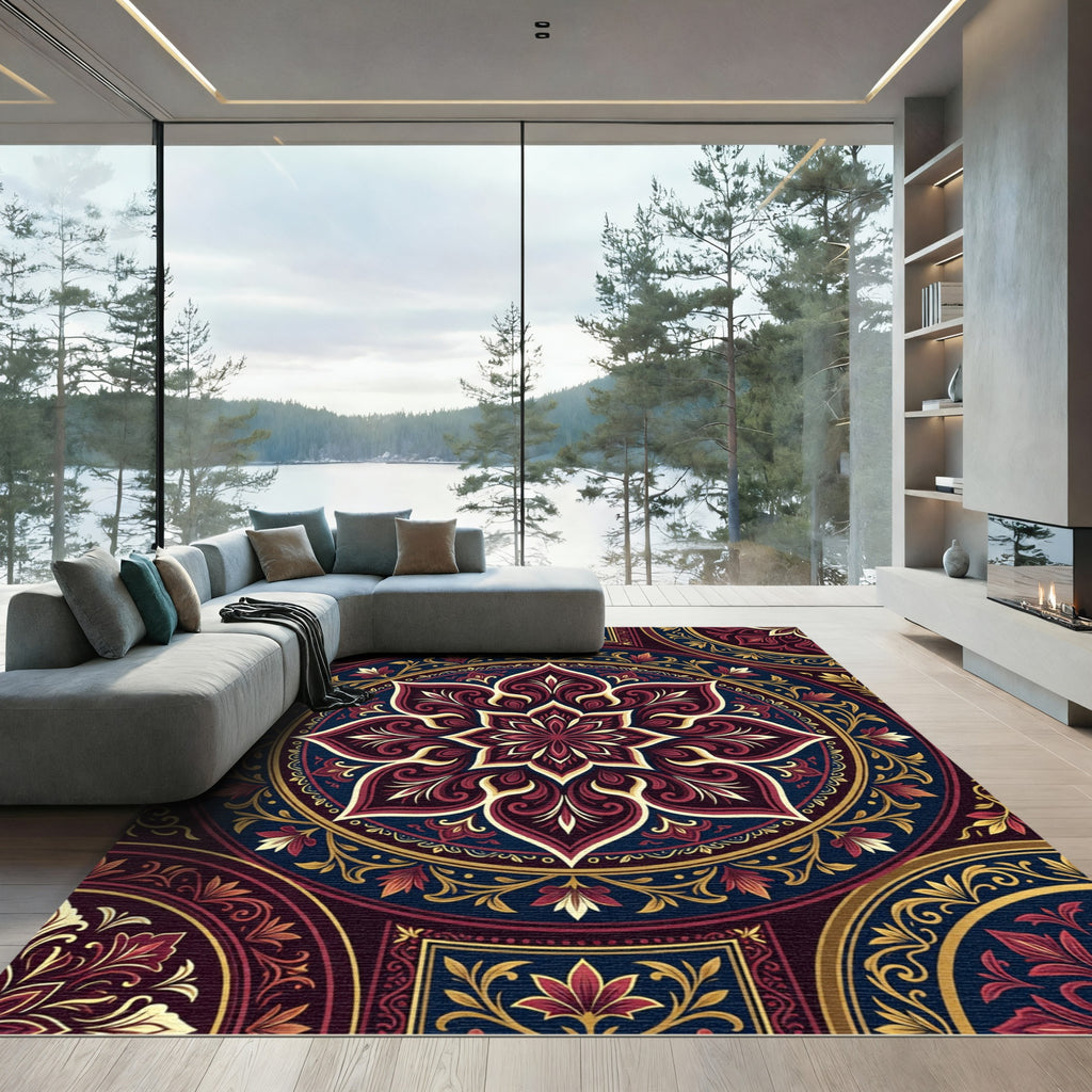 Deep Crimson Floral Medallion Gold Accents Rug