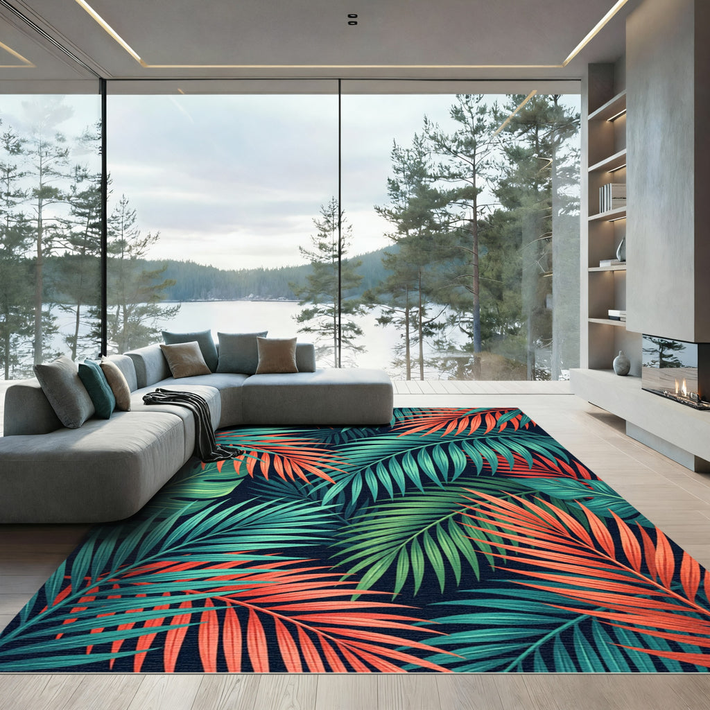 Vibrant Tropical Teal and Orange Foliage Rug