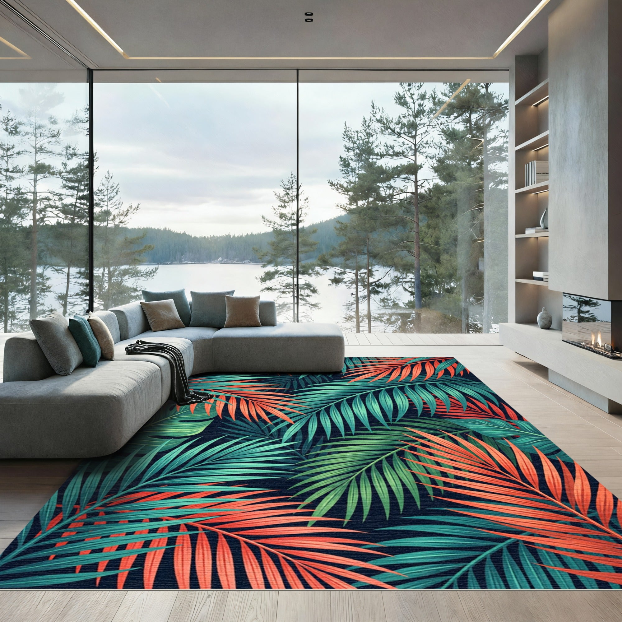 Vibrant Tropical Teal and Orange Foliage Rug