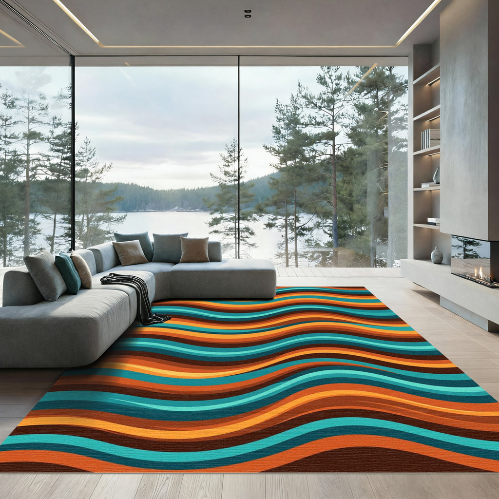 Retro Mid Century Teal Orange Wave Rug