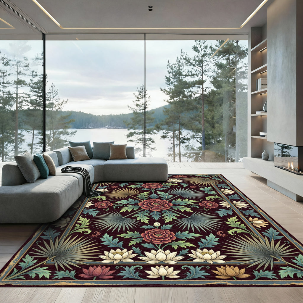 Deep Burgundy Floral Botanical Palm Rug