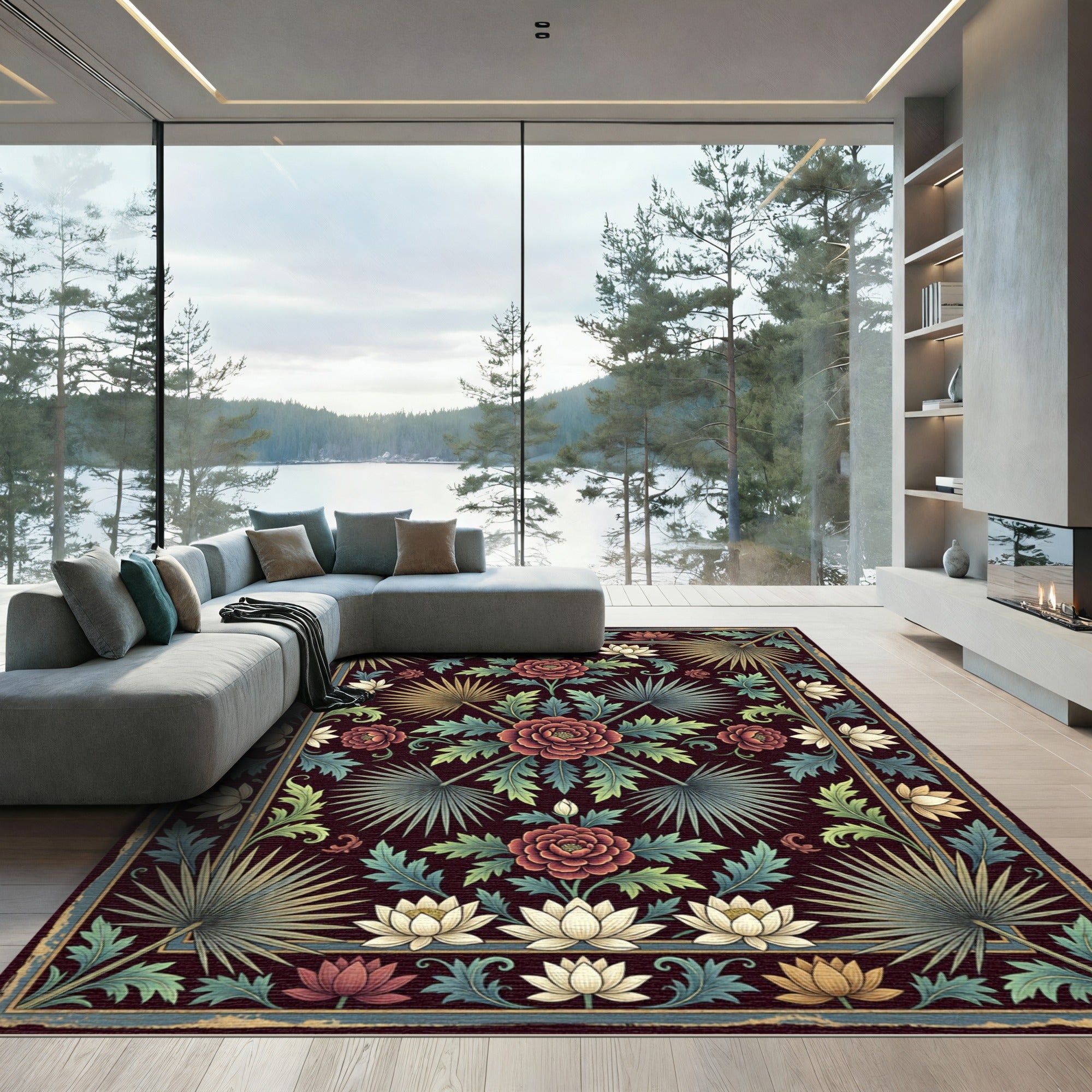 Deep Burgundy Floral Botanical Palm Rug