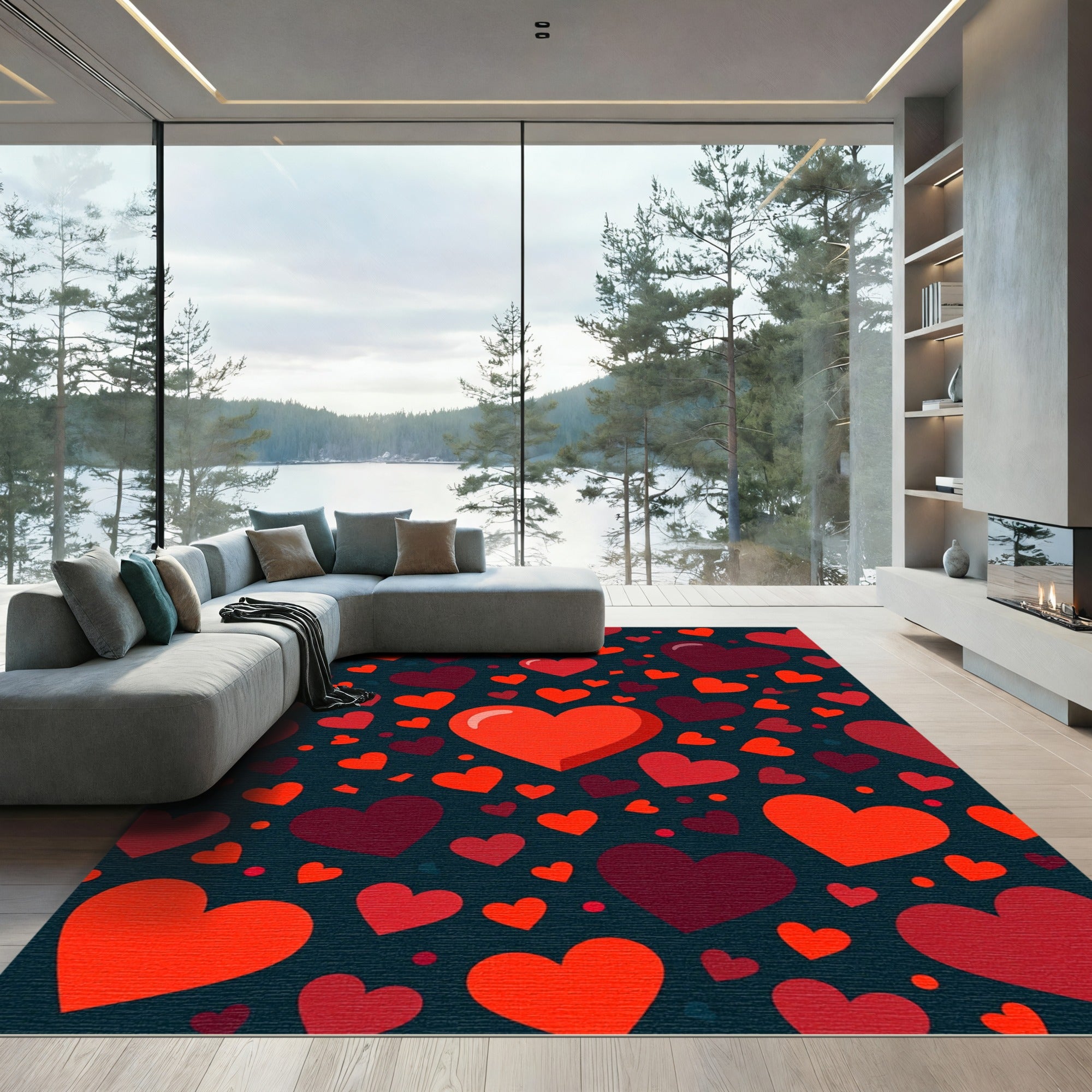 Vibrant Red Heart Scattered Dark Backdrop Rug