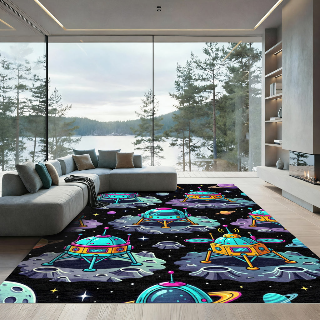 Colorful Galactic Cute Lander Exploration Rug