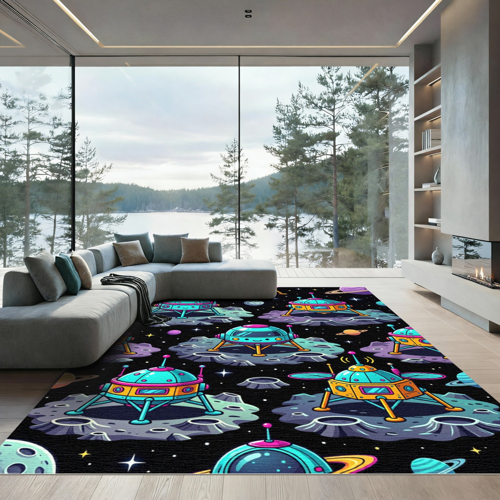 Colorful Galactic Cute Lander Exploration Rug