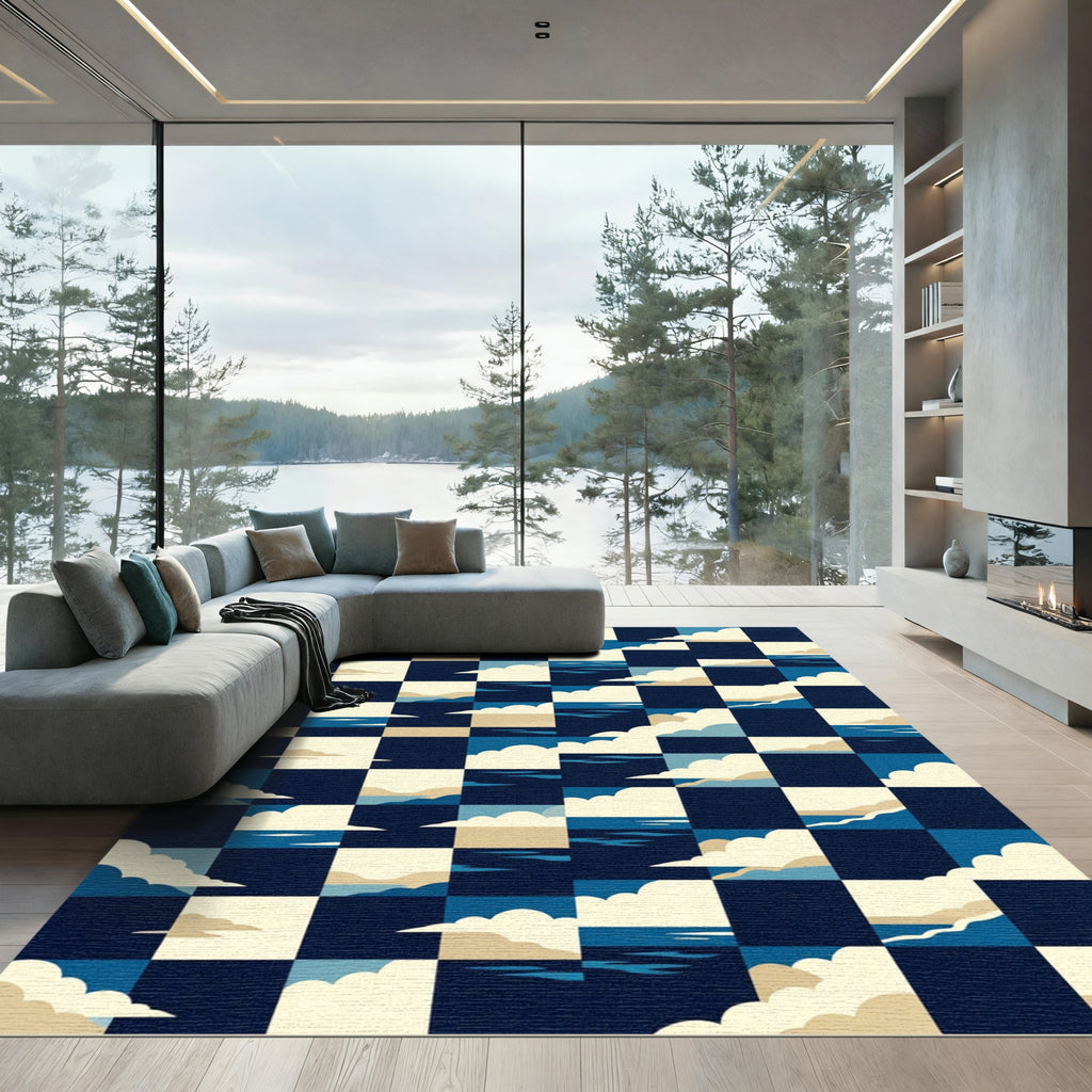 Navy Geometric Cloud and Sea Grid Rug