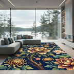 Ornate Golden Floral Navy Background Rug