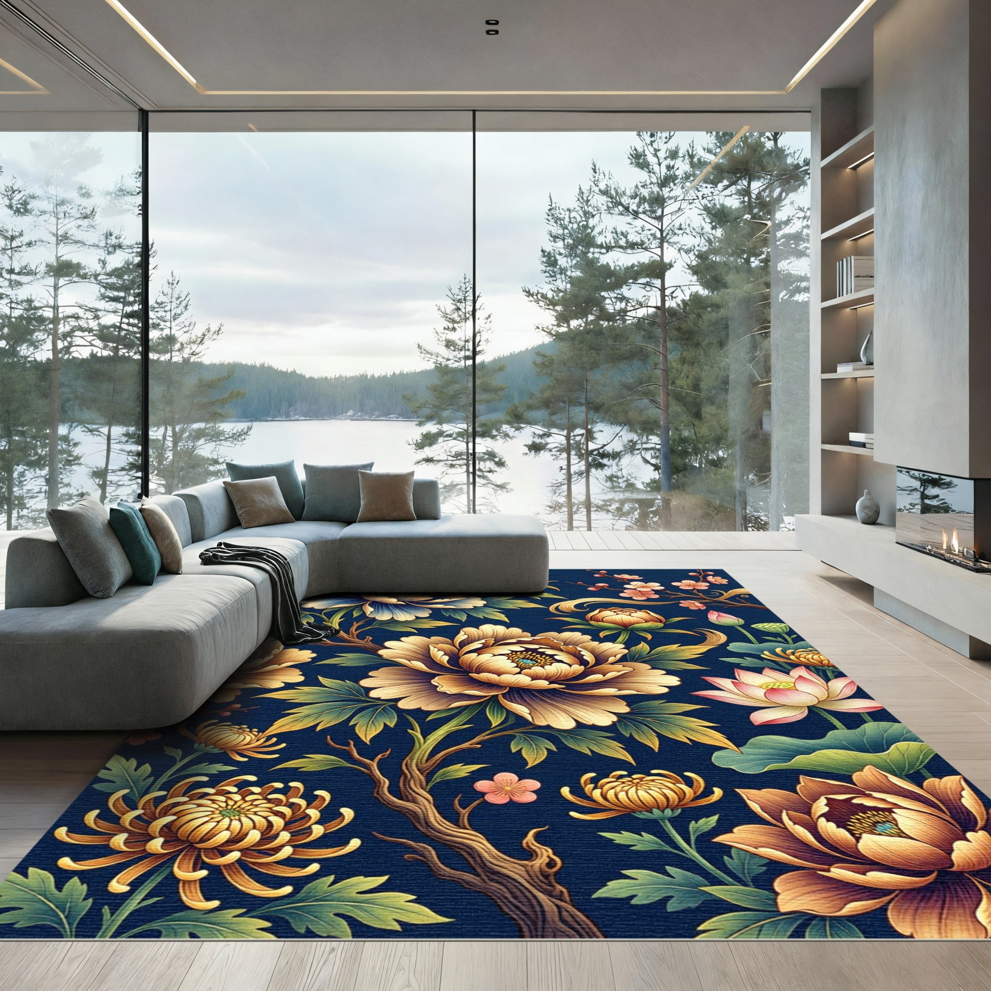 Ornate Golden Floral Navy Background Rug