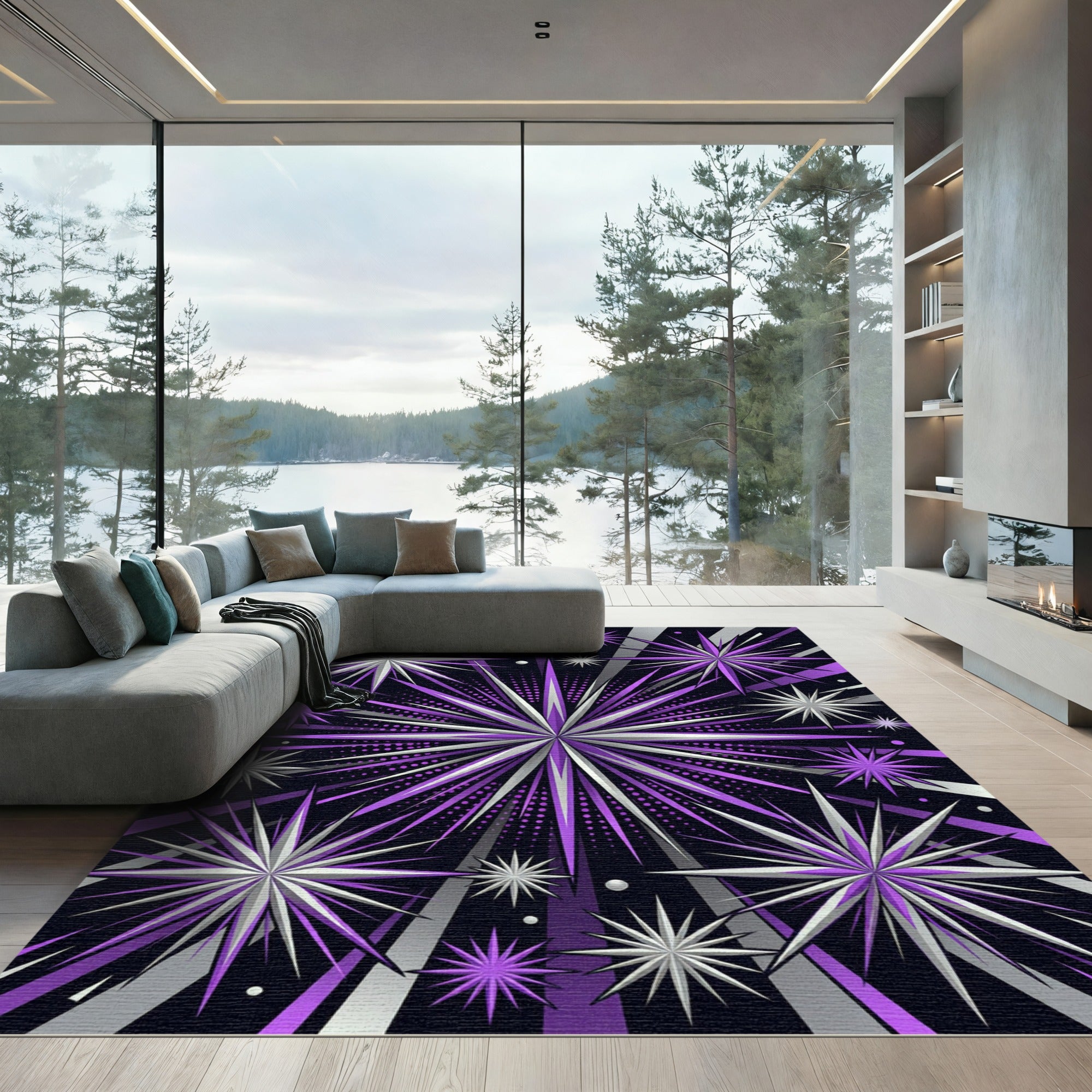 Radiant Purple Silver Star Explosion Rug