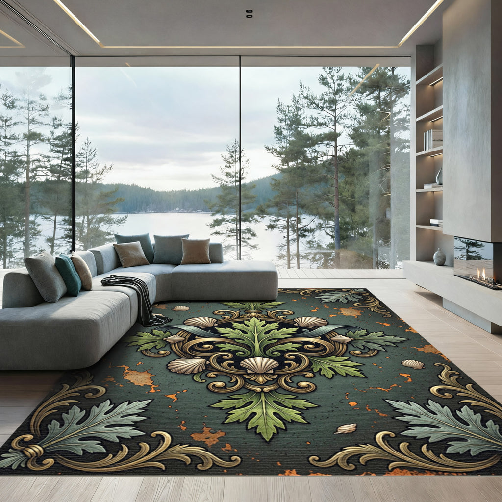 Ornate Green Acanthus Shell Damask Rug