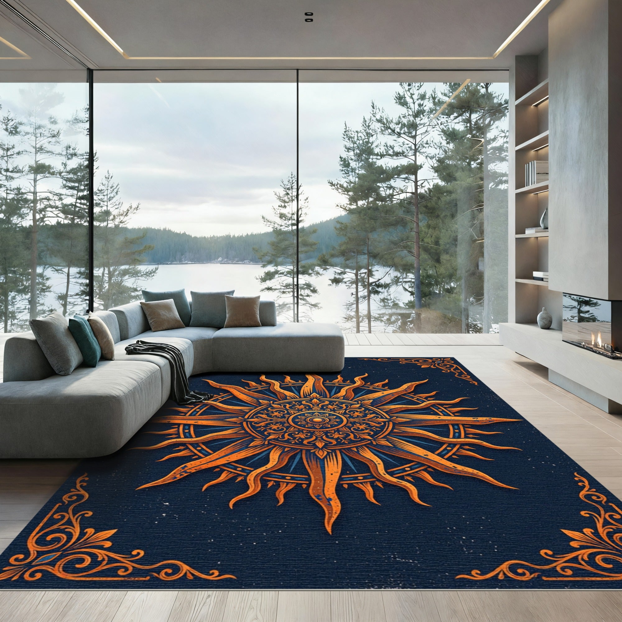 Celestial Gold Sun Mandala Navy Rug