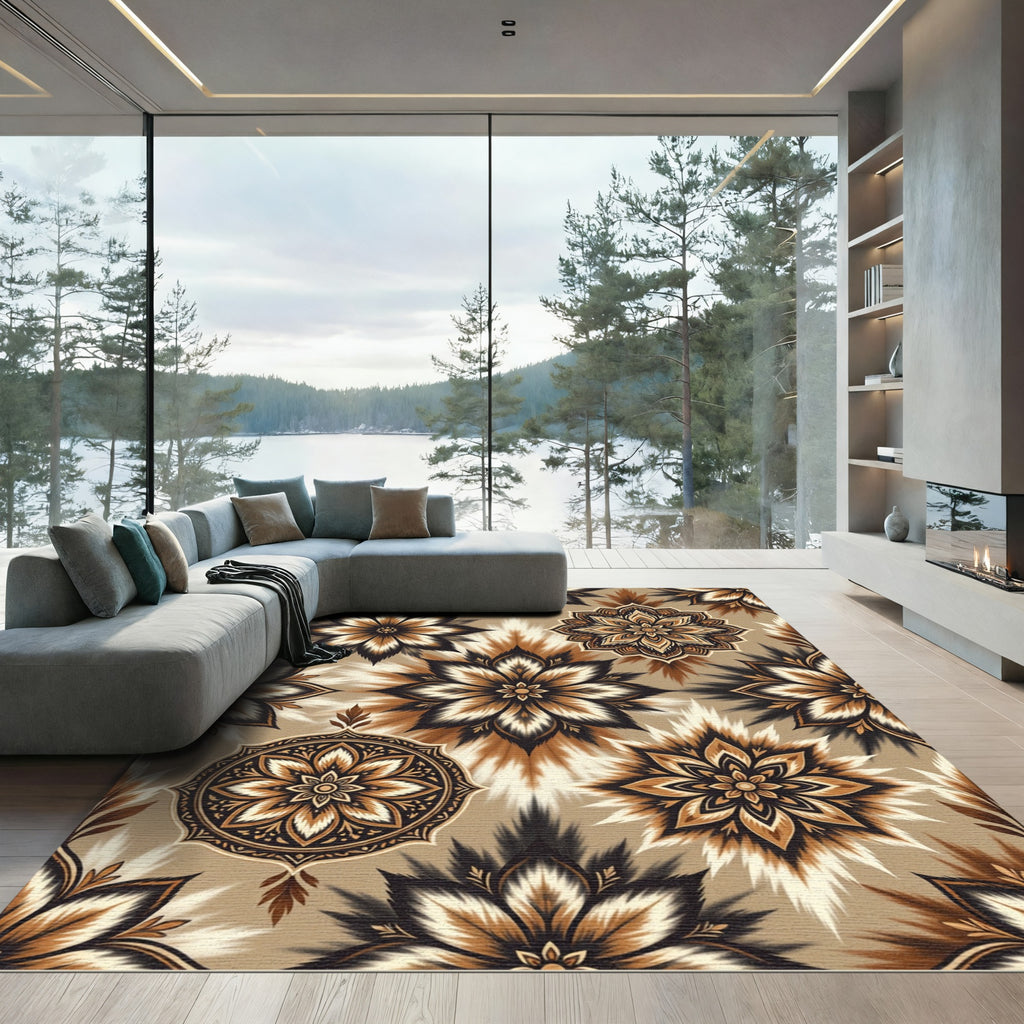 Earthy Brown Floral Mandala Textile Rug