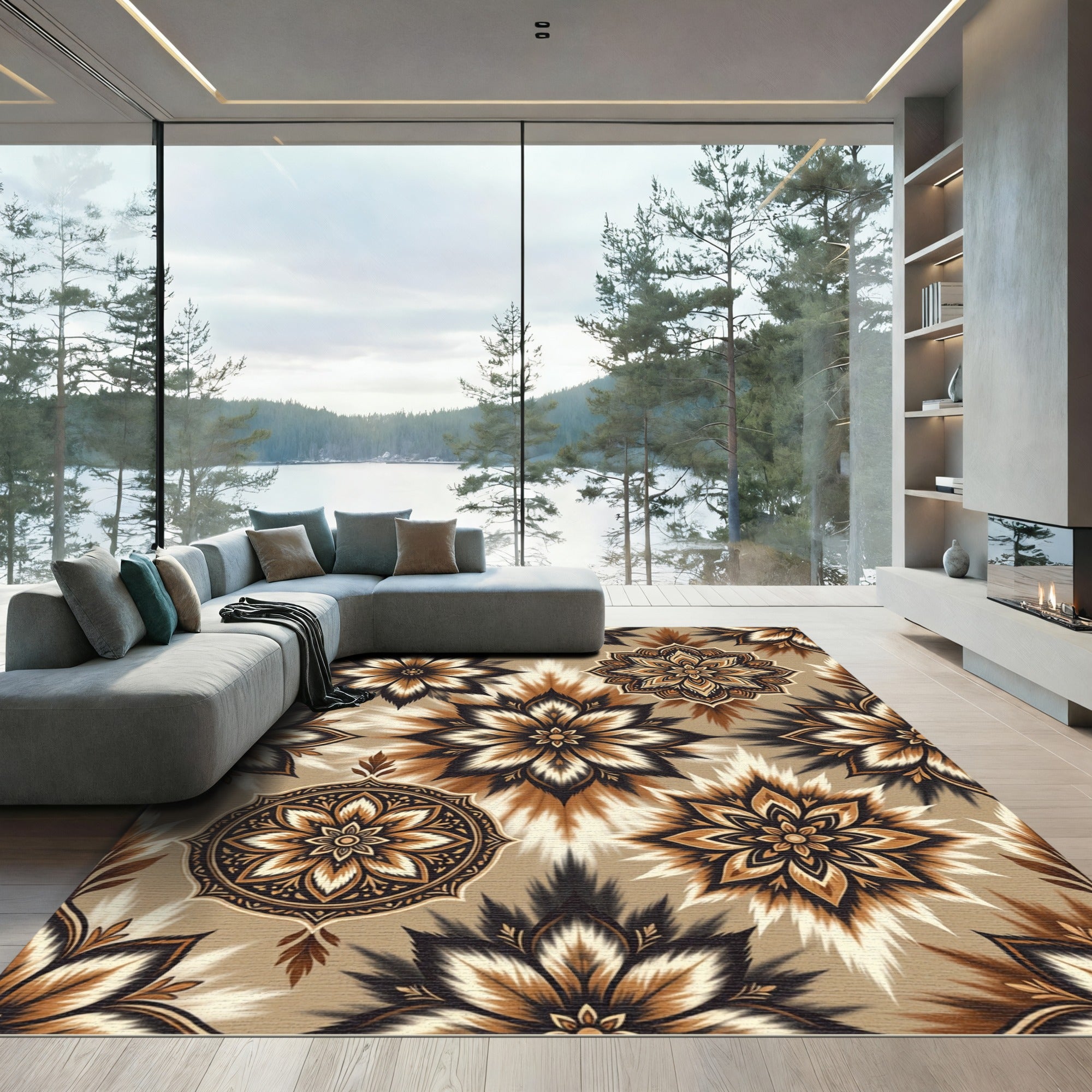 Earthy Brown Floral Mandala Textile Rug