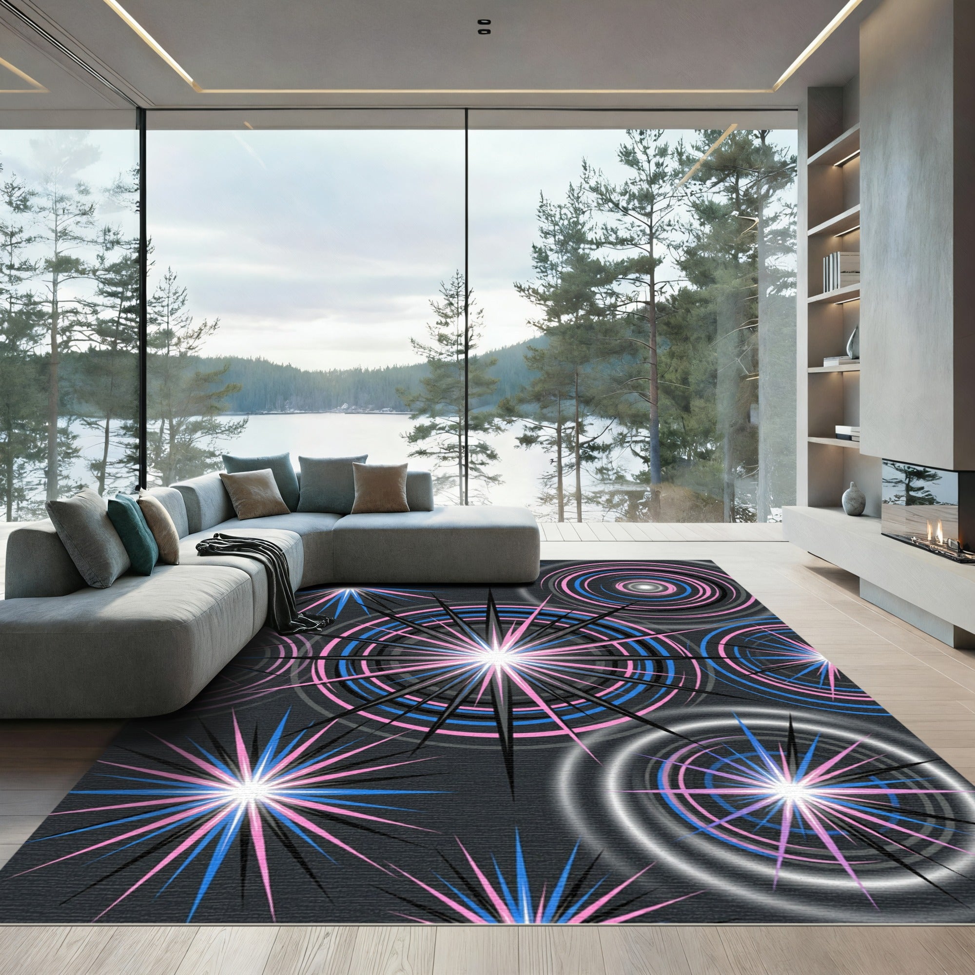 Neon Pink and Blue Radiant Starburst Rug