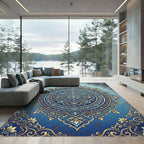 Elegant Gold and Blue Damask Medallion Rug