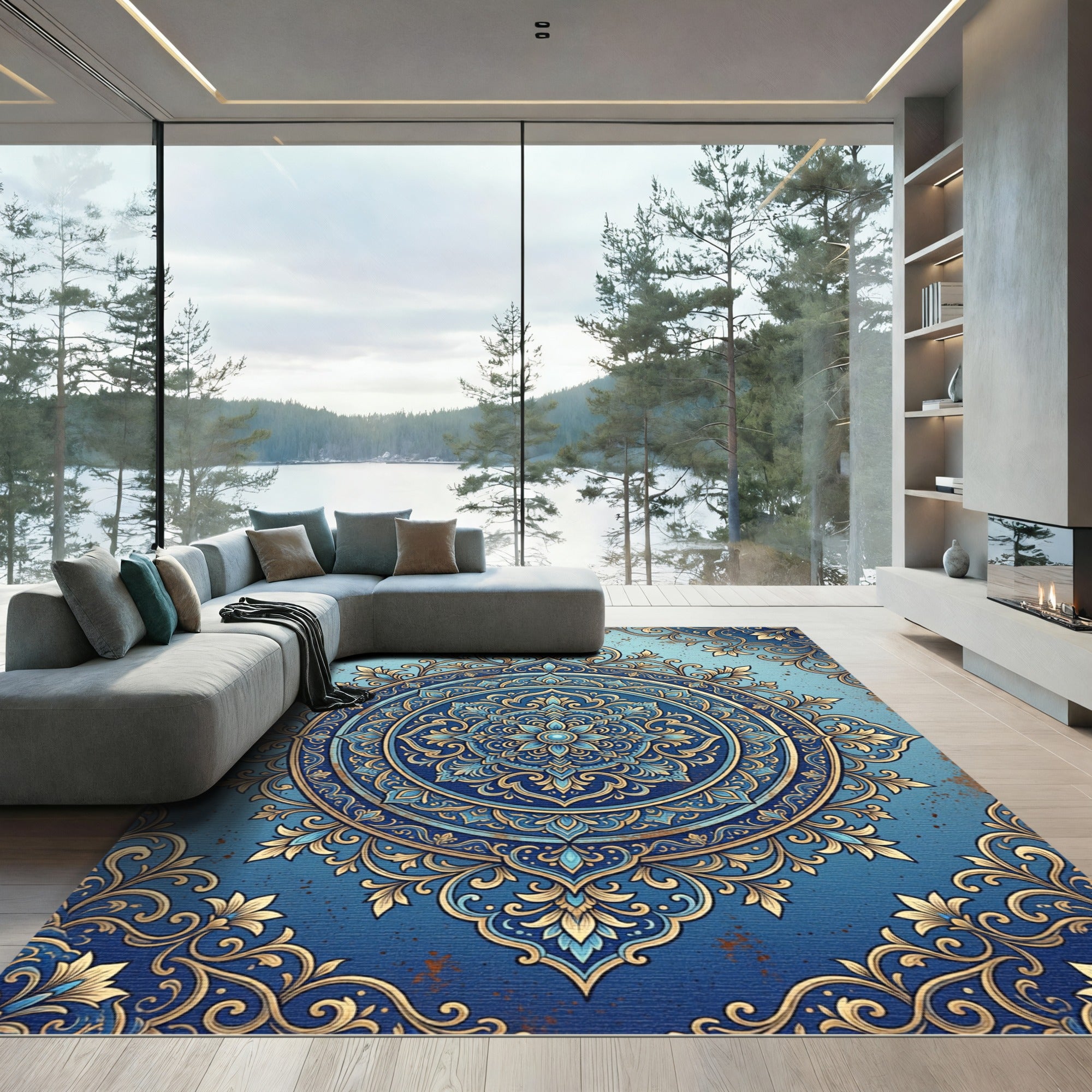 Elegant Gold and Blue Damask Medallion Rug