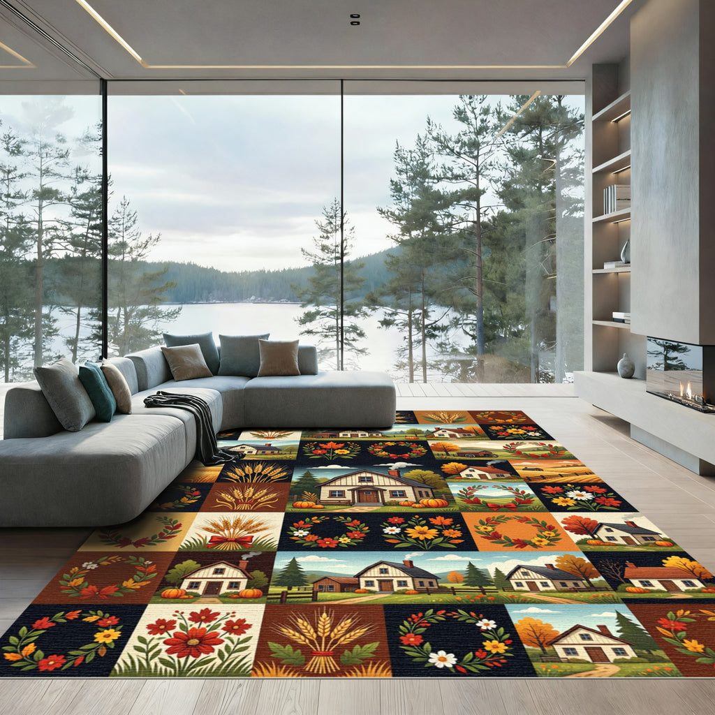 Rustic Autumn Farmhouse Wheat Floral Patchwork Rug