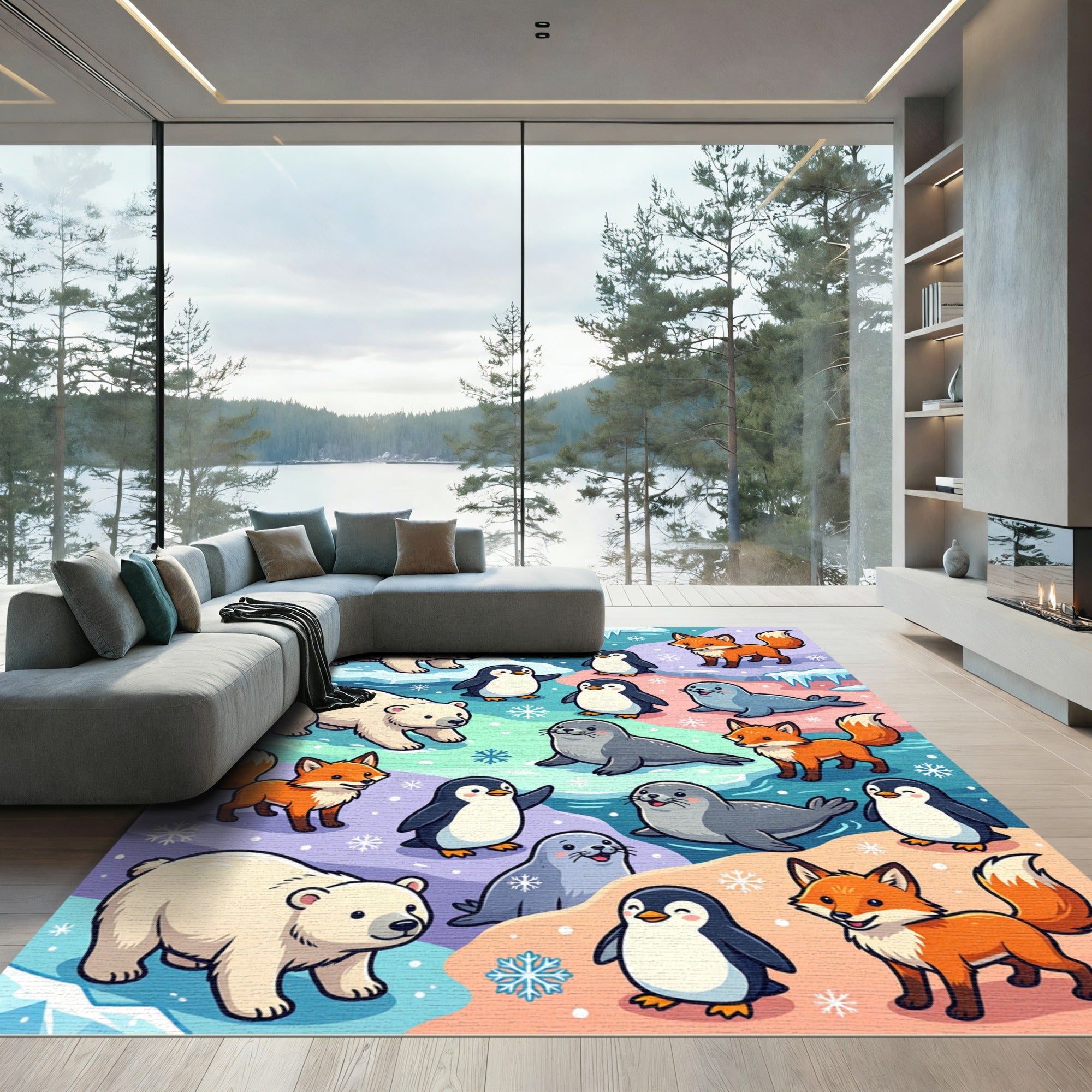 Playful Arctic Animals Pastel Winter Scene Rug
