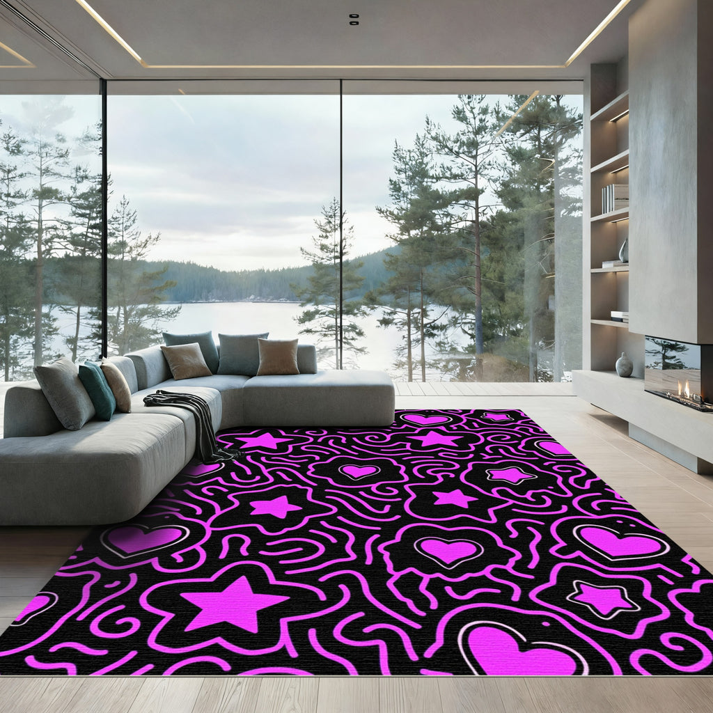 Hot Pink Hearts Stars Doodle Rug