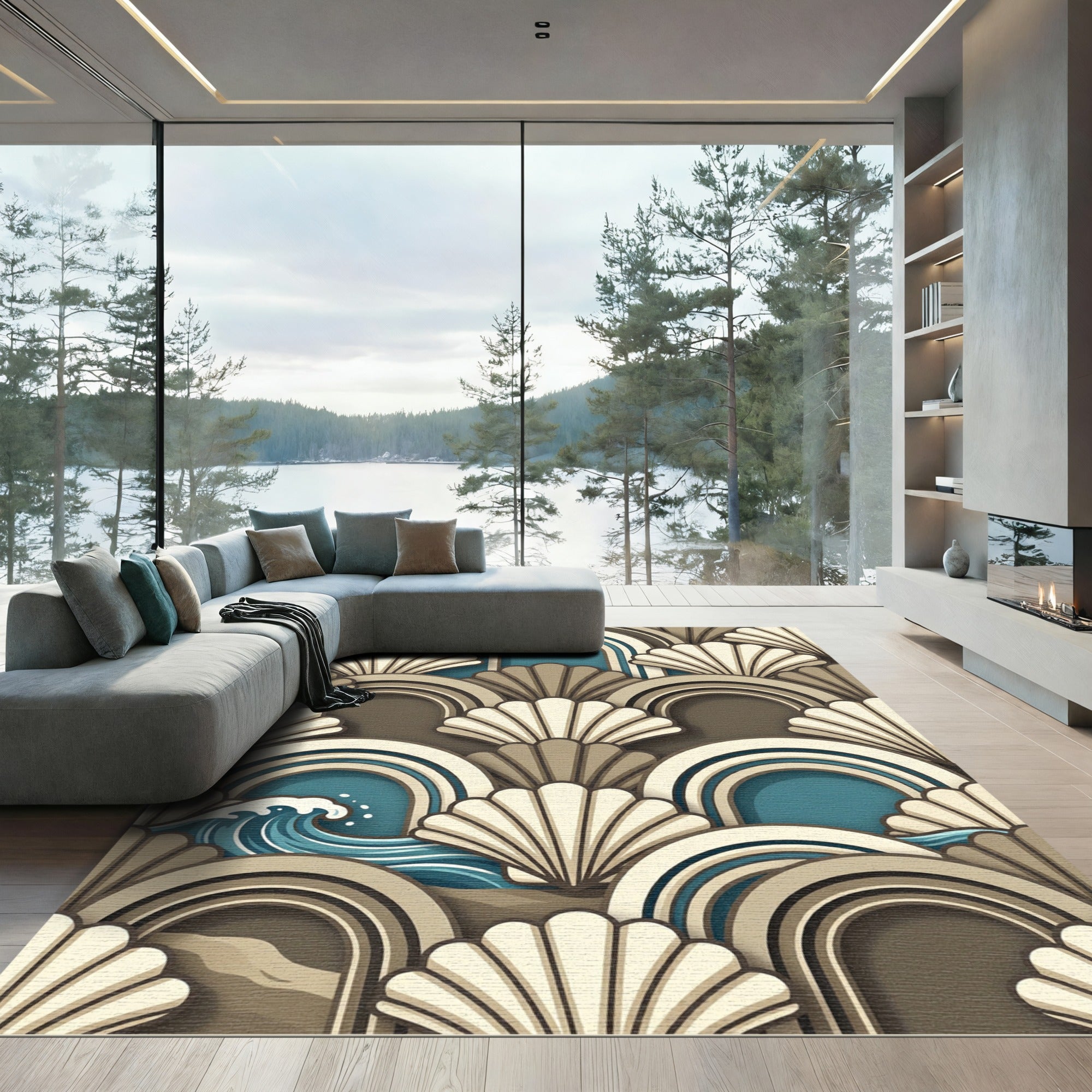 Art Deco Seashell and Teal Wave Rug