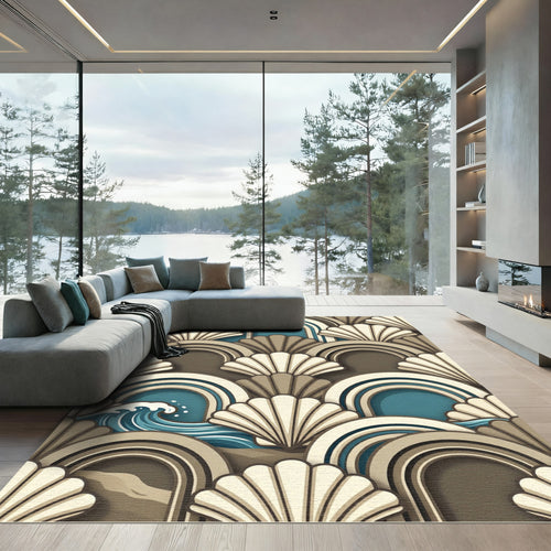 Art Deco Seashell and Teal Wave Rug