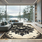 Intricate Black Lotus Damask Medallion Rug