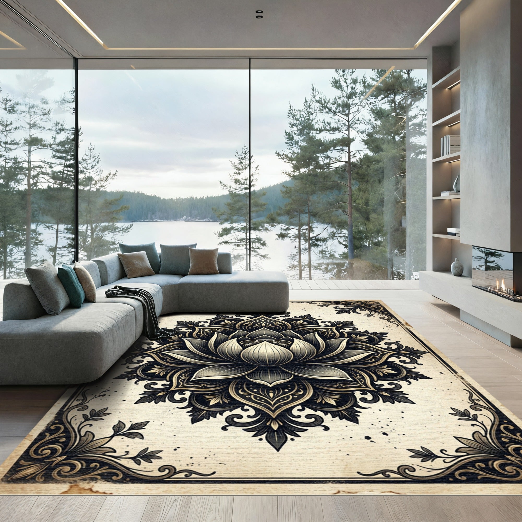 Intricate Black Lotus Damask Medallion Rug