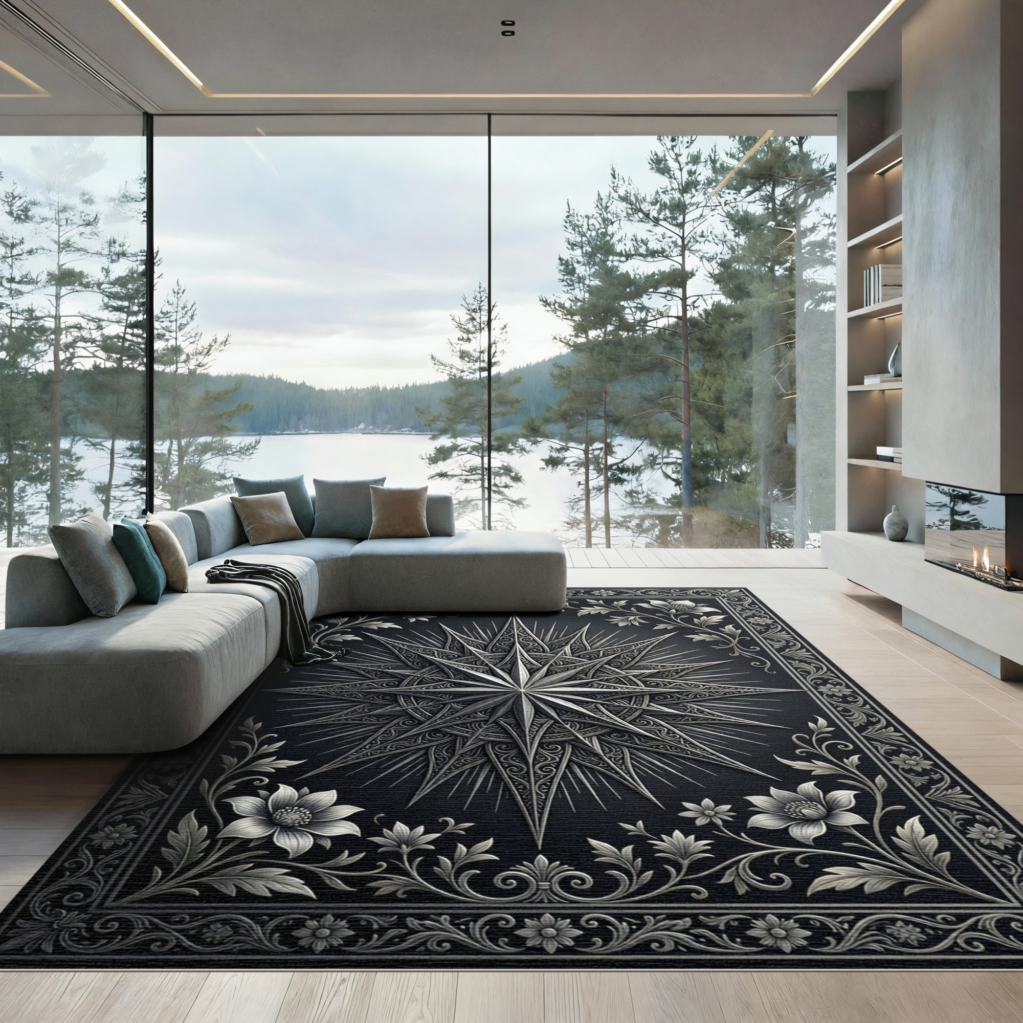 Ornate Black Starburst Floral Frame Rug