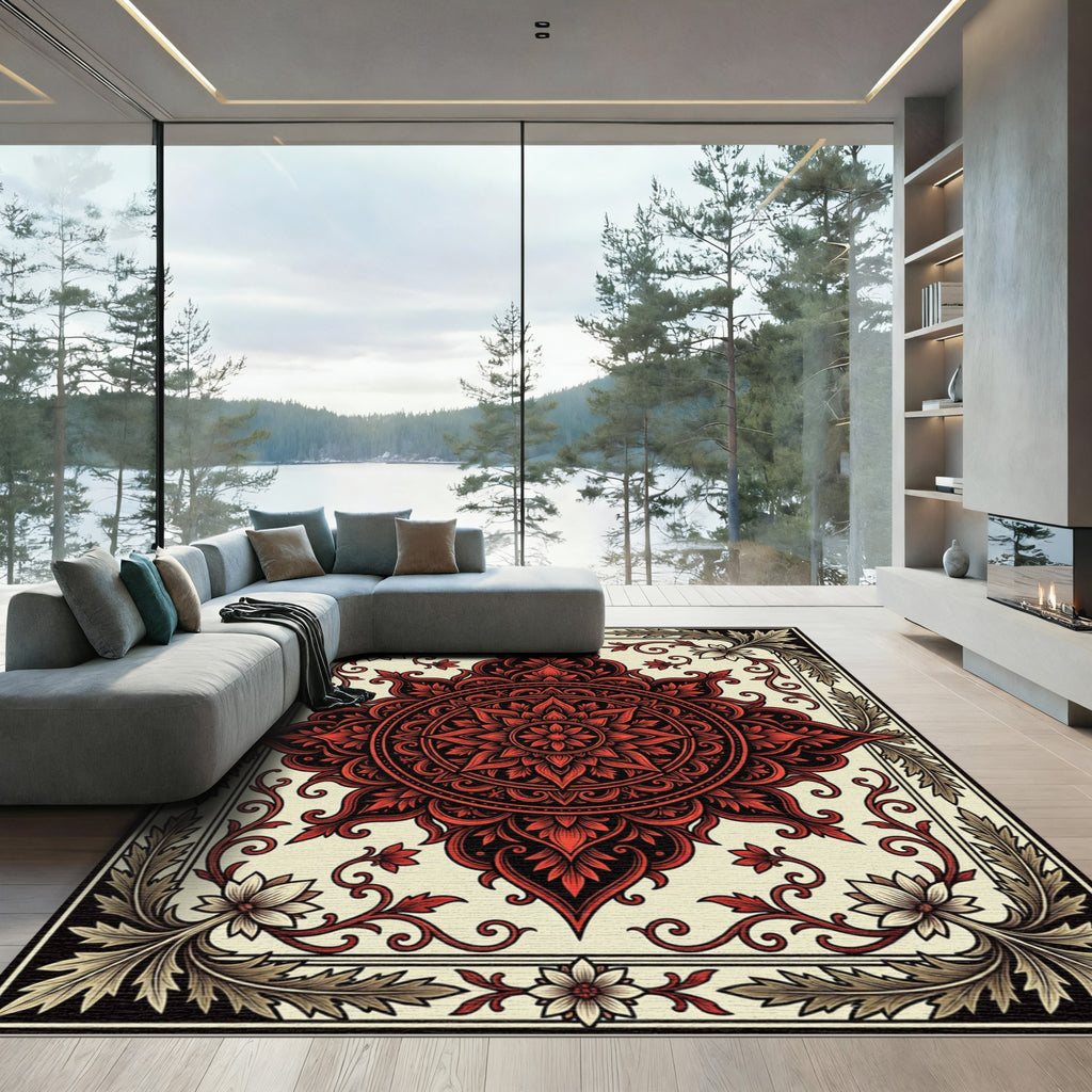 Intricate Crimson Floral Mandala Ornament Rug