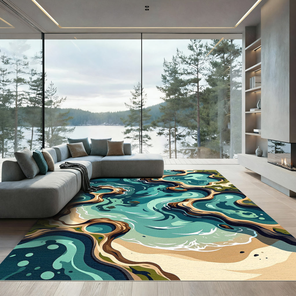 Abstract Teal Coastal Wave Ocean Floor Rug