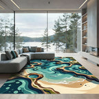 Abstract Teal Coastal Wave Ocean Floor Rug