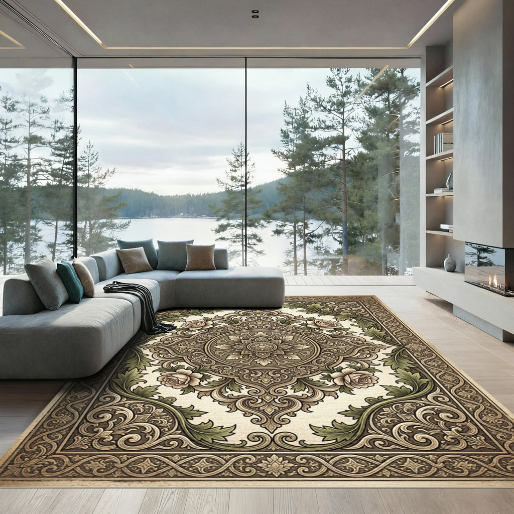 Ornate Floral Medallion Ivory and Green Rug