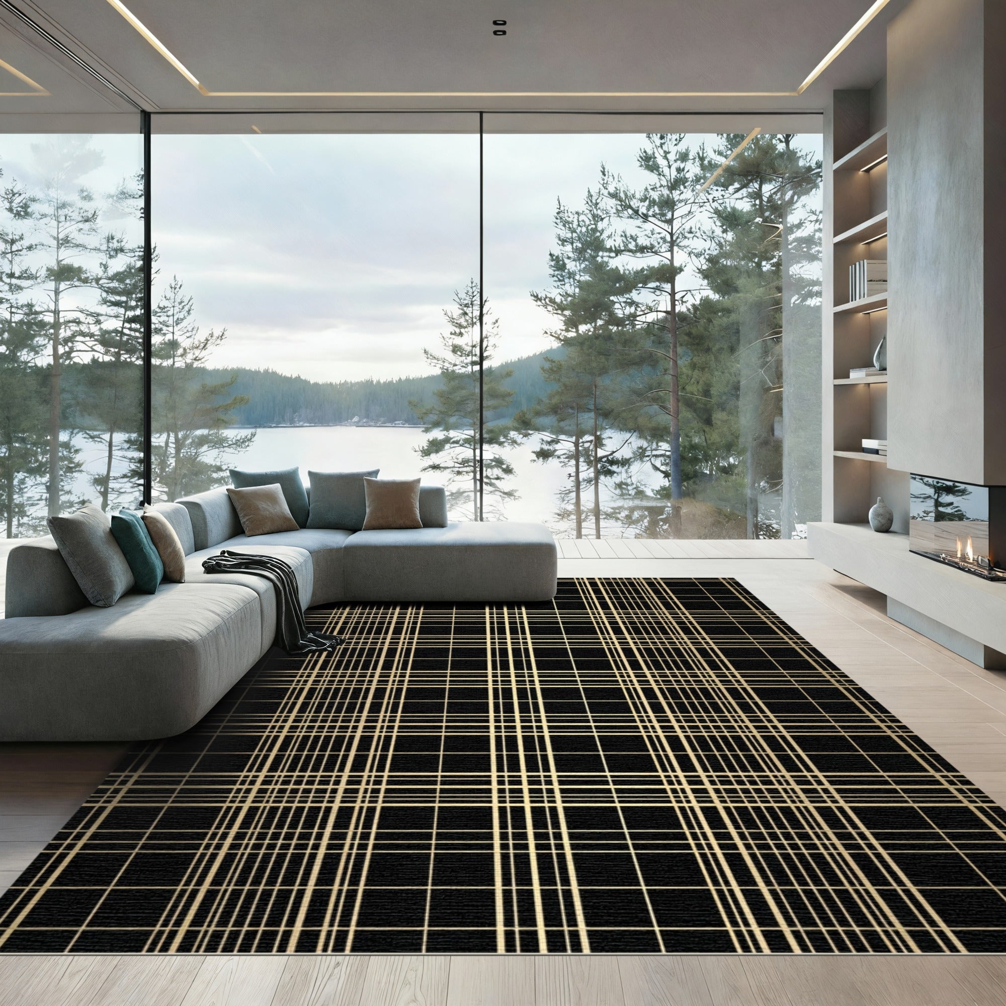 Black Gold Thin Line Lattice Rug