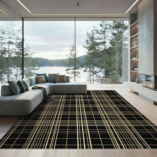 Black Gold Thin Line Lattice Rug