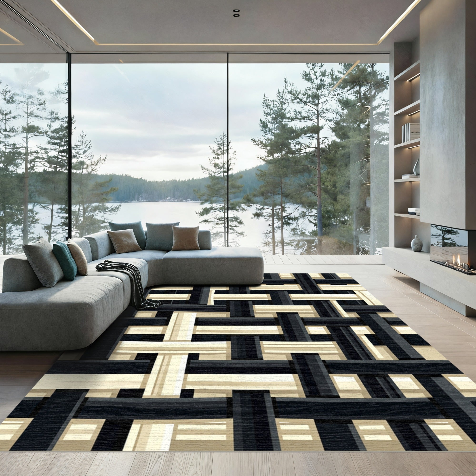 Monochrome Woven Black and Cream Grid Rug