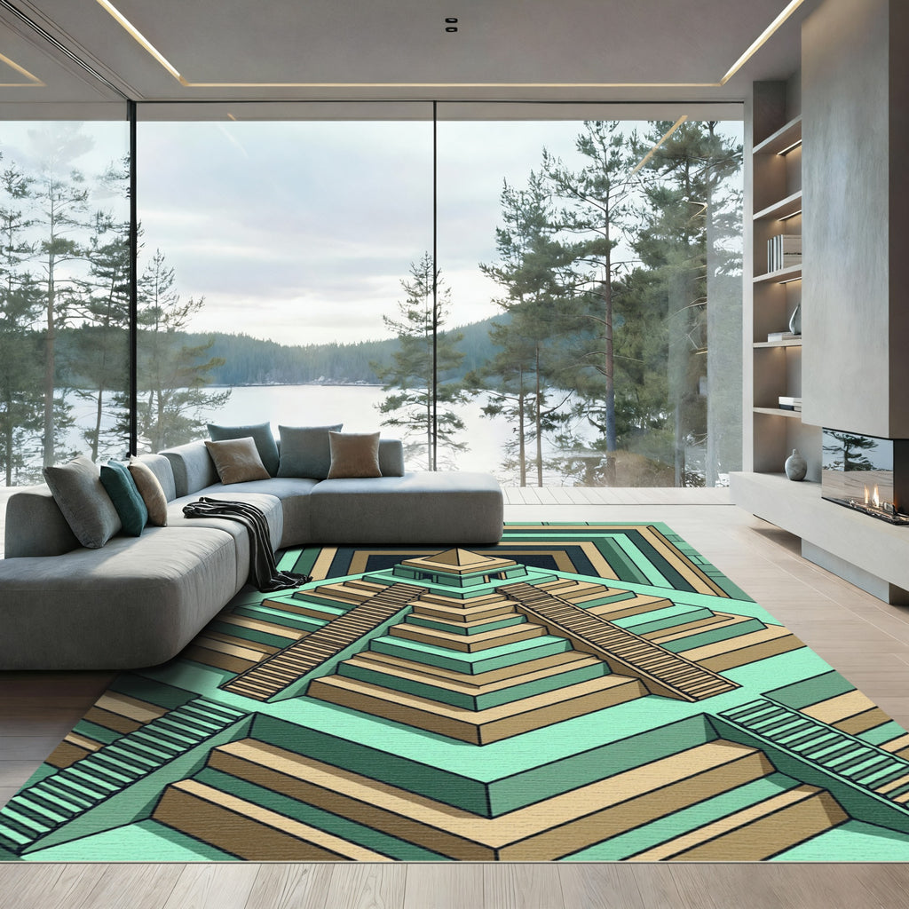 Isometric Teal Step Pyramid Geometric Art Rug