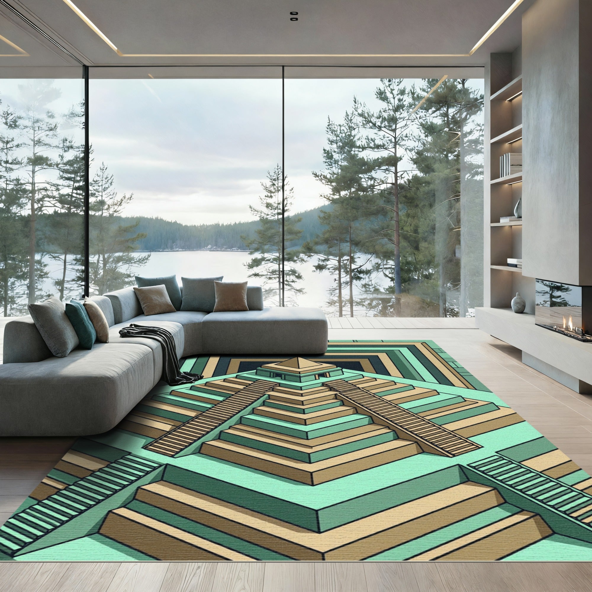 Isometric Teal Step Pyramid Geometric Art Rug