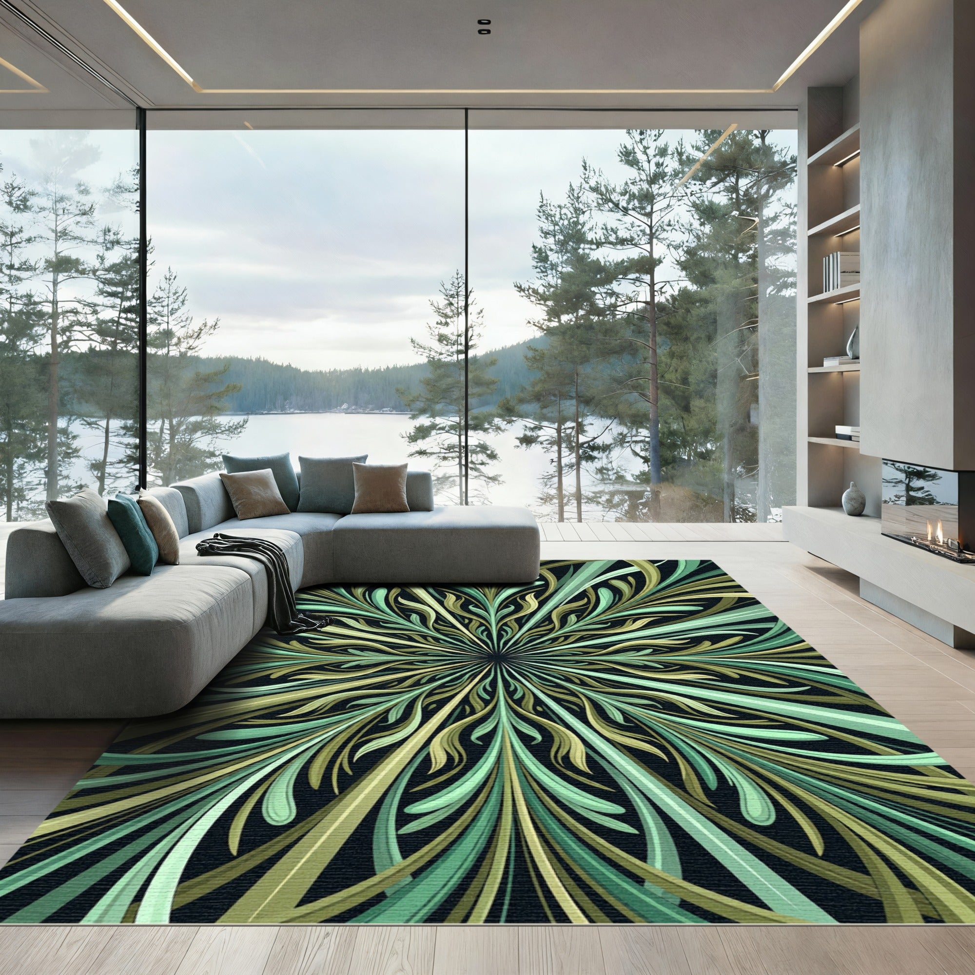 Radiating Greens And Blues Art Nouveau Rug
